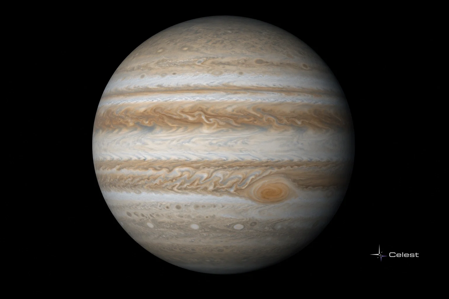 Ilustrație cu globul lui Jupiter, benzi atmosferice deschise și brune și o pată roșiatică, pe un fundal negru.