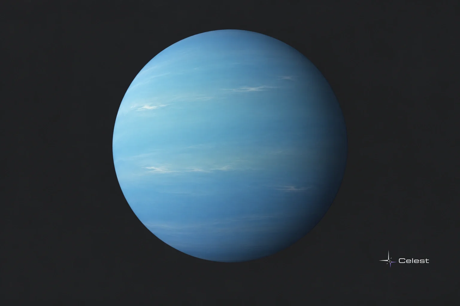 Ilustrație a planetei Neptun, cu o atmosferă albastru-verzuie și benzi slab conturate.