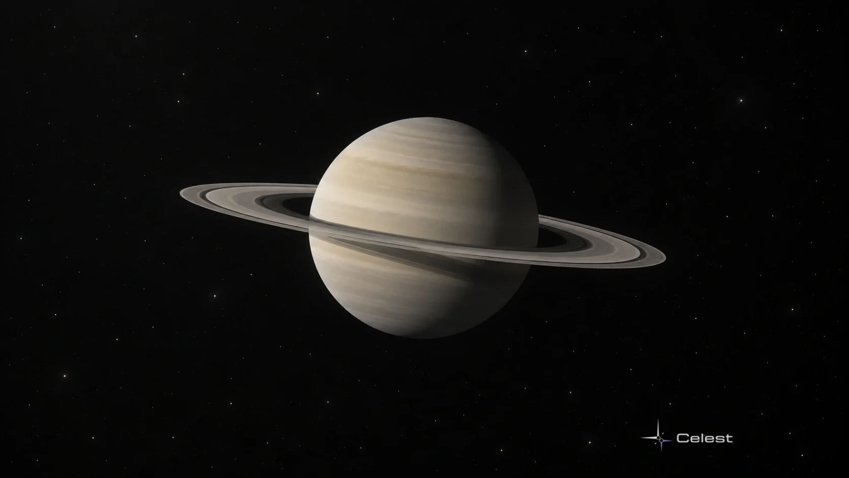 Ilustrație a planetei Saturn, în tonuri bej, cu inele palide și benzi atmosferice discrete.
