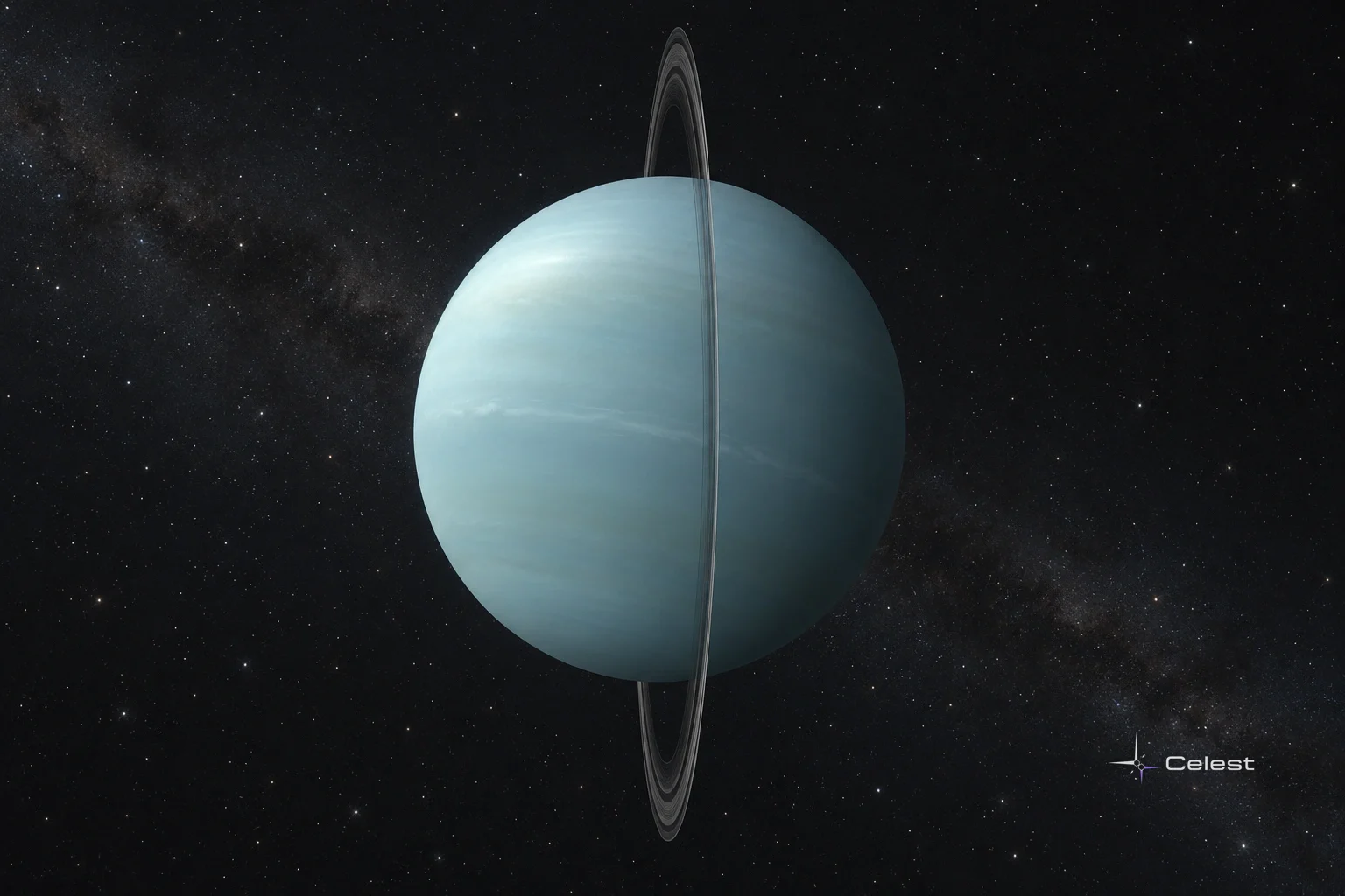 Ilustrație a planetei Uranus, albastru-verzuie, cu inele înguste înclinate în jurul globului.