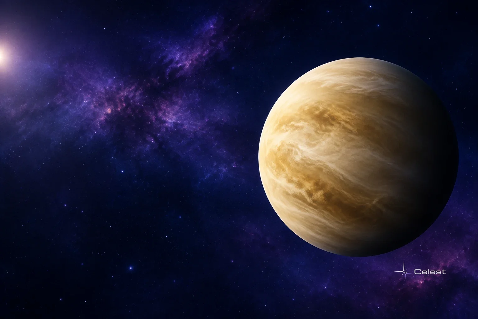 Ilustrație cu globul auriu al planetei Venus, acoperit de nori, pe un fundal întunecat cu stele și o bandă violetă a Căii Lactee.