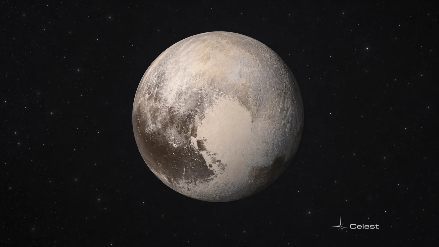 Ilustrație discretă a globului lui Pluto, cu câmpii deschise de gheață și teren mai întunecat, pe un fundal liniștit.