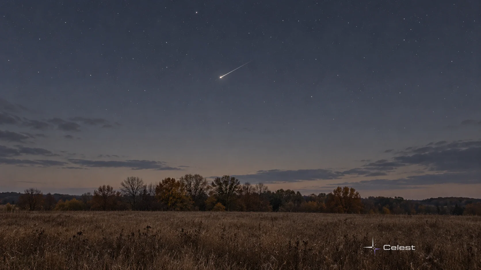 Un singur meteor luminos deasupra unui câmp de toamnă, cu un șir jos de copaci.